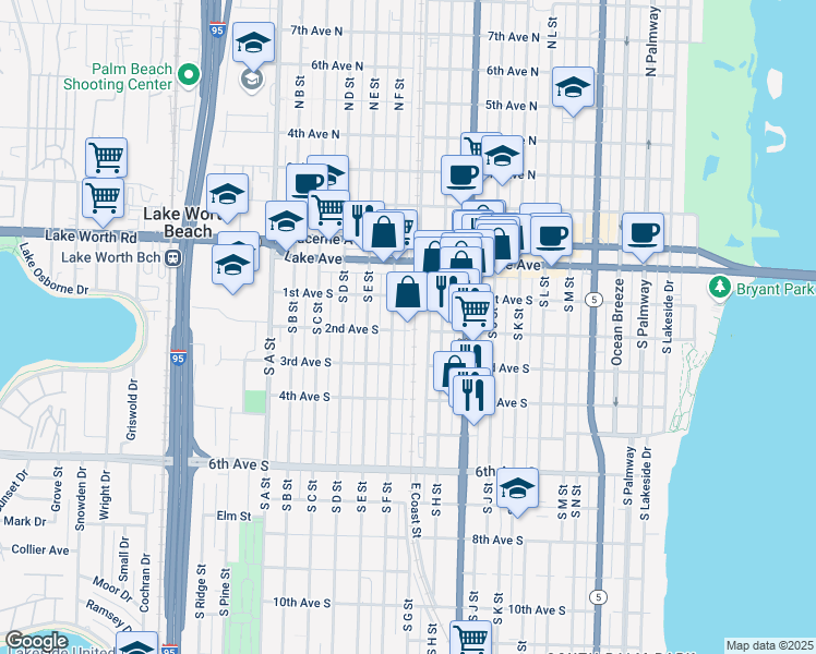 map of restaurants, bars, coffee shops, grocery stores, and more near 101 Southeast Coast Street in Lake Worth