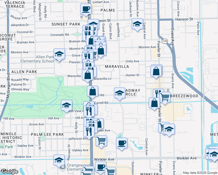 map of restaurants, bars, coffee shops, grocery stores, and more near 2117 Earl Road in Fort Myers