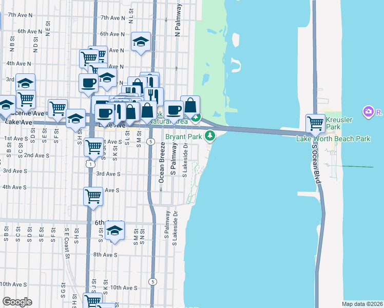 map of restaurants, bars, coffee shops, grocery stores, and more near 2 2nd Avenue South in Lake Worth