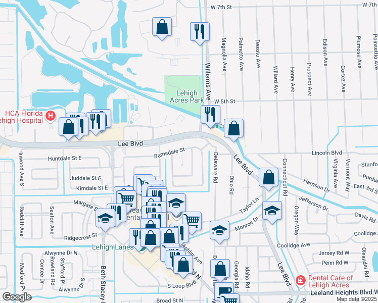 map of restaurants, bars, coffee shops, grocery stores, and more near 1212 Barnsdale Street in Lehigh Acres