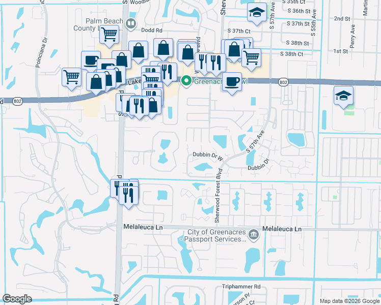 map of restaurants, bars, coffee shops, grocery stores, and more near 2311 23rd Lane in Greenacres
