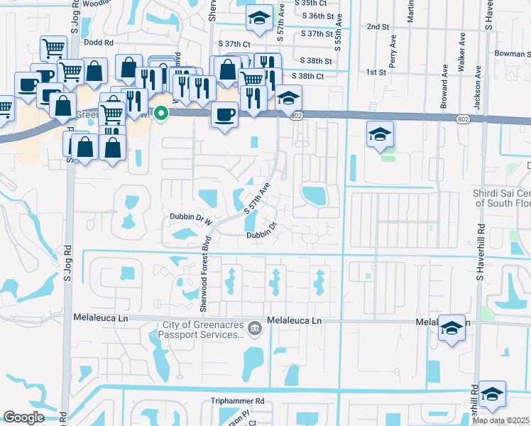 map of restaurants, bars, coffee shops, grocery stores, and more near 1604 16th Lane in Greenacres