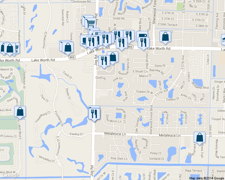 map of restaurants, bars, coffee shops, grocery stores, and more near 1400 Pine Avenue in Greenacres