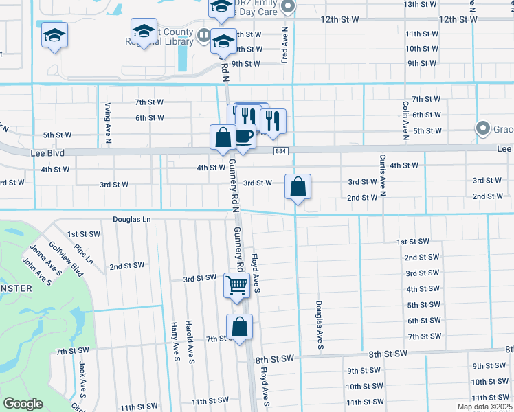 map of restaurants, bars, coffee shops, grocery stores, and more near 200 Floyd Avenue North in Lehigh Acres