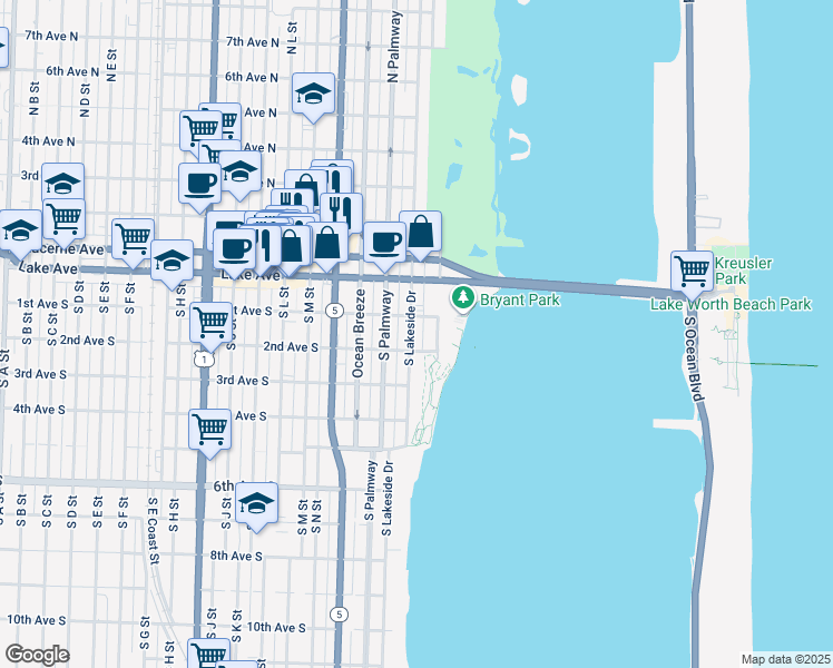 map of restaurants, bars, coffee shops, grocery stores, and more near 10 1st Avenue South in Lake Worth
