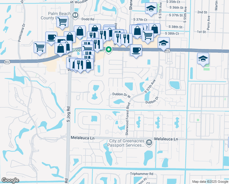 map of restaurants, bars, coffee shops, grocery stores, and more near 177 Treasure Lane in Greenacres