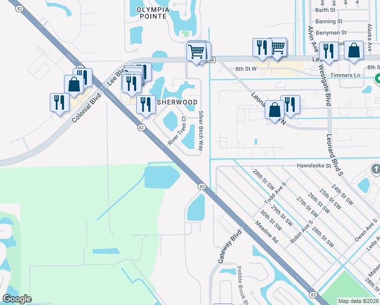 map of restaurants, bars, coffee shops, grocery stores, and more near 8241 Silver Birch Way in Lehigh Acres