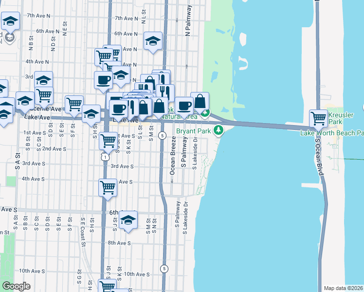 map of restaurants, bars, coffee shops, grocery stores, and more near 30 South Palmway in Lake Worth