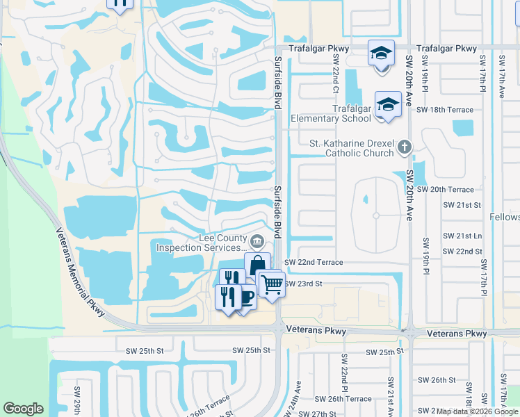 map of restaurants, bars, coffee shops, grocery stores, and more near 2490 Blackburn Circle in Cape Coral