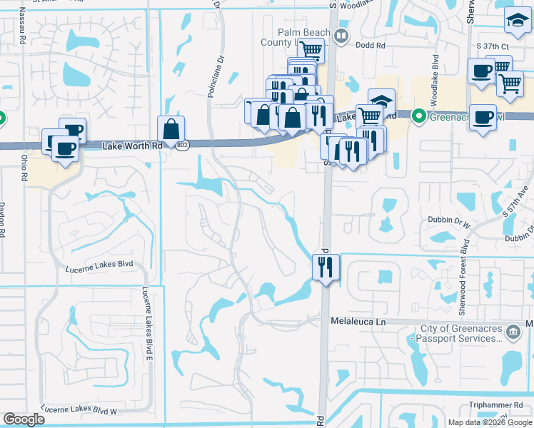 map of restaurants, bars, coffee shops, grocery stores, and more near 4120 Tivoli Court in Lake Worth