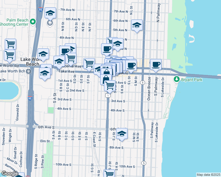 map of restaurants, bars, coffee shops, grocery stores, and more near 101 South J Street in Lake Worth