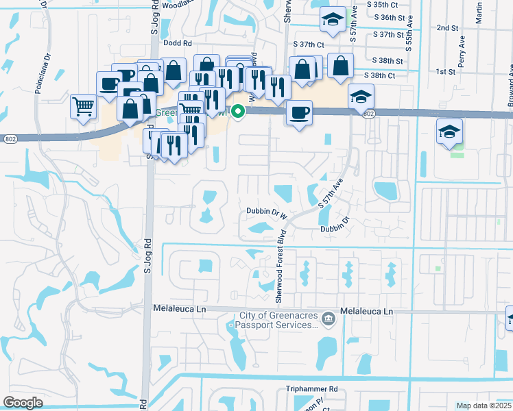 map of restaurants, bars, coffee shops, grocery stores, and more near 177 Treasure Lane in Greenacres
