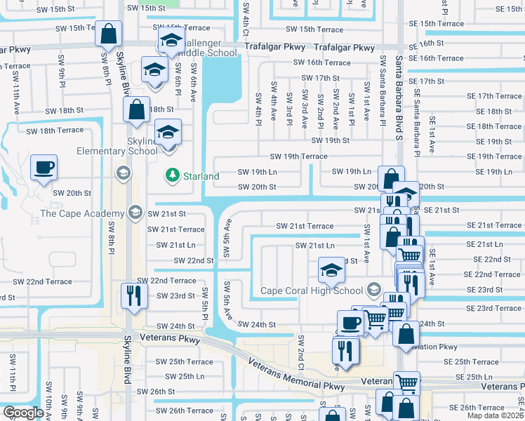 map of restaurants, bars, coffee shops, grocery stores, and more near 413 Southwest 21st Street in Cape Coral