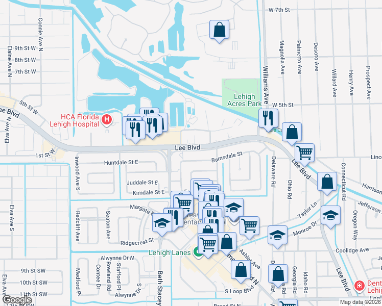 map of restaurants, bars, coffee shops, grocery stores, and more near 1280 Lee Boulevard in Lehigh Acres