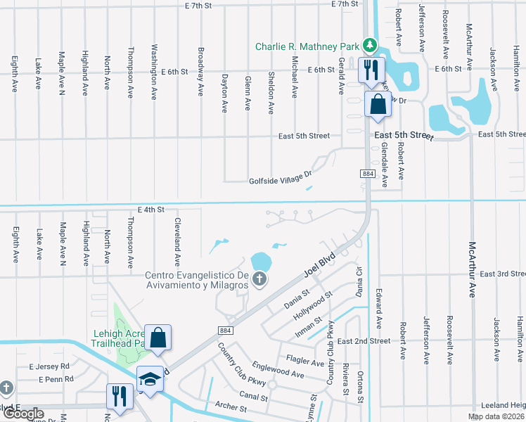 map of restaurants, bars, coffee shops, grocery stores, and more near 9 Park Lane Circle in Lehigh Acres