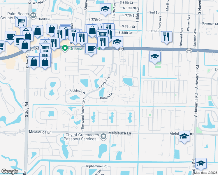 map of restaurants, bars, coffee shops, grocery stores, and more near 403 4th Lane in Greenacres