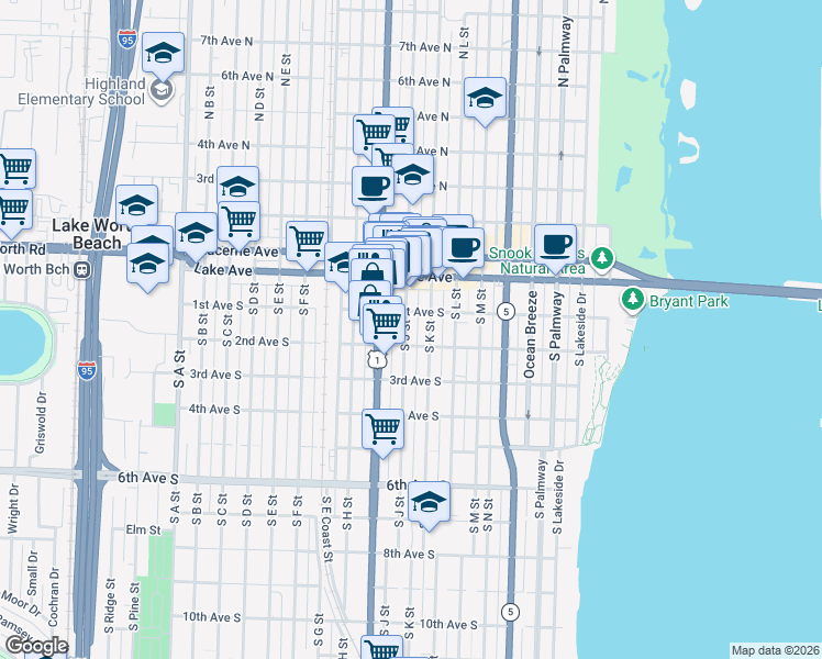 map of restaurants, bars, coffee shops, grocery stores, and more near 101 South J Street in Lake Worth