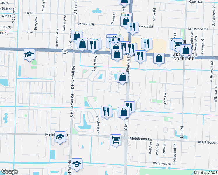 map of restaurants, bars, coffee shops, grocery stores, and more near 4240 Landar Drive in Lake Worth