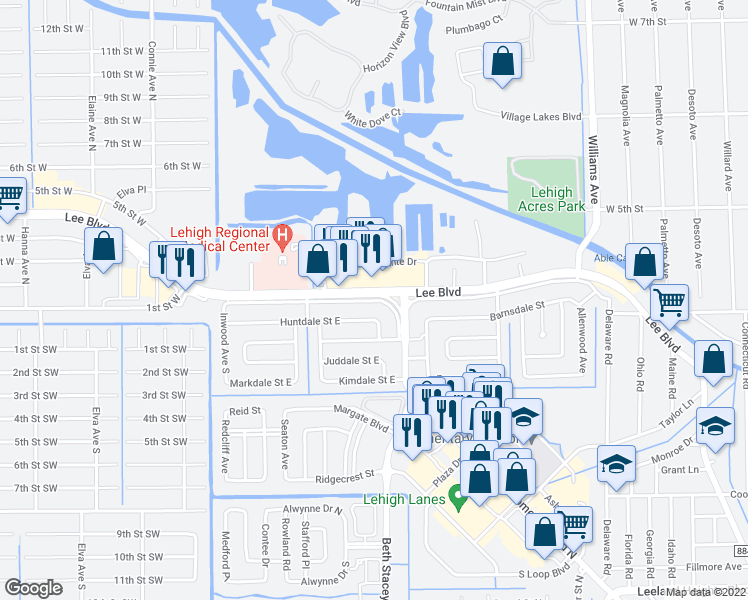 map of restaurants, bars, coffee shops, grocery stores, and more near 1407 Grandale Street in Lehigh Acres