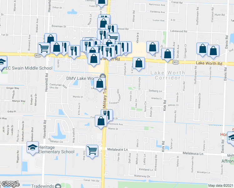 map of restaurants, bars, coffee shops, grocery stores, and more near 4311 Coventry Pointe Way in Lake Worth