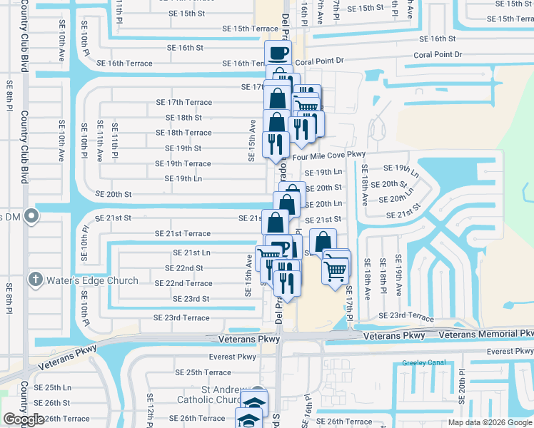map of restaurants, bars, coffee shops, grocery stores, and more near 1516 Southeast 20th Street in Cape Coral