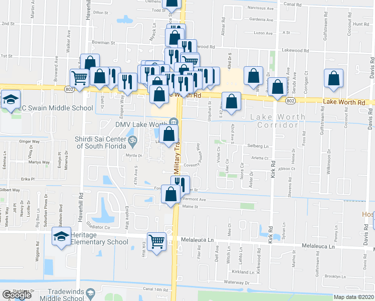 map of restaurants, bars, coffee shops, grocery stores, and more near in Lake Worth Corridor