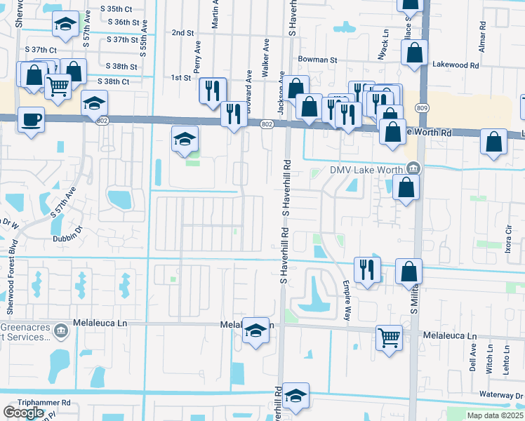 map of restaurants, bars, coffee shops, grocery stores, and more near 4297 Evelyn Place in Lake Worth