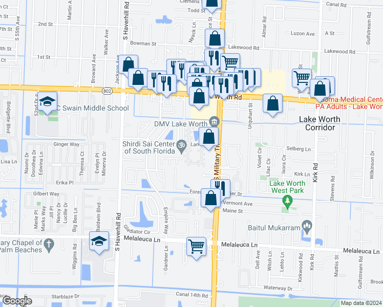 map of restaurants, bars, coffee shops, grocery stores, and more near 4243 Landar Drive in Lake Worth