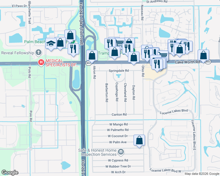 map of restaurants, bars, coffee shops, grocery stores, and more near 56 Barberton Road in Lake Worth