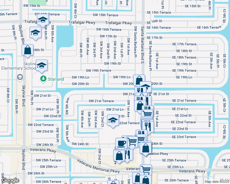 map of restaurants, bars, coffee shops, grocery stores, and more near 131 Southwest 21st Street in Cape Coral