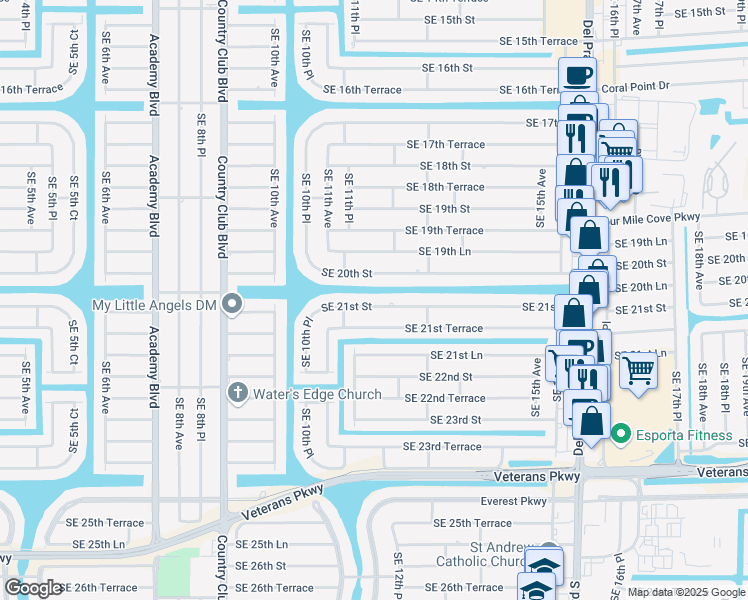 map of restaurants, bars, coffee shops, grocery stores, and more near 1121 Southeast 21st Street in Cape Coral