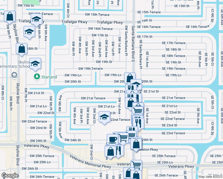 map of restaurants, bars, coffee shops, grocery stores, and more near 131 Southwest 21st Street in Cape Coral
