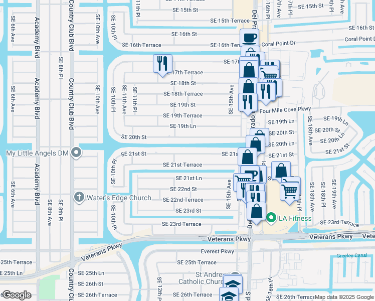map of restaurants, bars, coffee shops, grocery stores, and more near 1317 Southeast 21st Street in Cape Coral