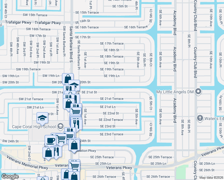 map of restaurants, bars, coffee shops, grocery stores, and more near 209 Southeast 21st Street in Cape Coral