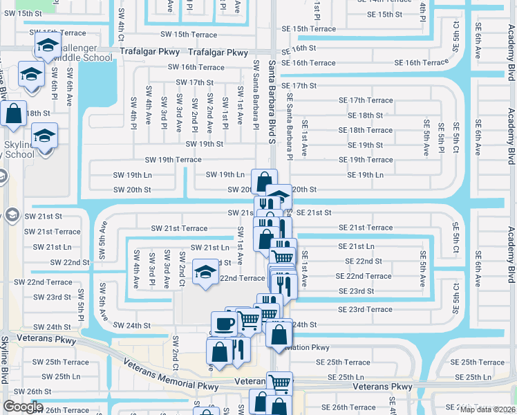map of restaurants, bars, coffee shops, grocery stores, and more near 9 Southwest 21st Street in Cape Coral