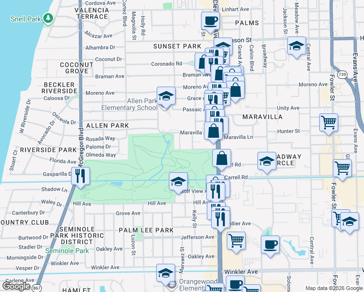 map of restaurants, bars, coffee shops, grocery stores, and more near 516 Maravilla Avenue in Fort Myers