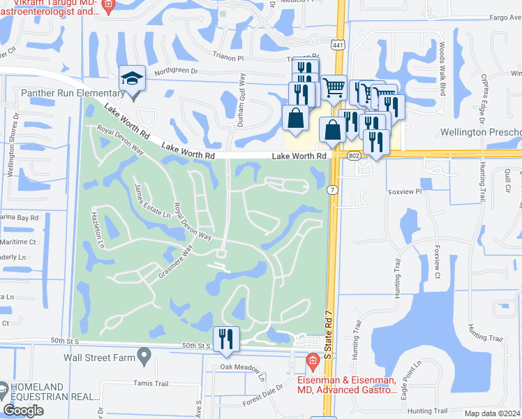 map of restaurants, bars, coffee shops, grocery stores, and more near 4557 Barclay Fair Way in Lake Worth