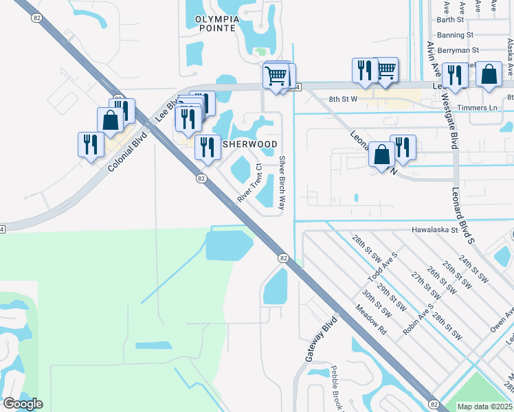 map of restaurants, bars, coffee shops, grocery stores, and more near 8319 Silver Birch Way in Lehigh Acres
