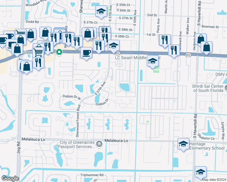 map of restaurants, bars, coffee shops, grocery stores, and more near 38 Bridgette Boulevard in Lake Worth