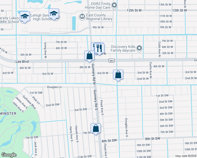 map of restaurants, bars, coffee shops, grocery stores, and more near 204 Gunnery Road South in Lehigh Acres