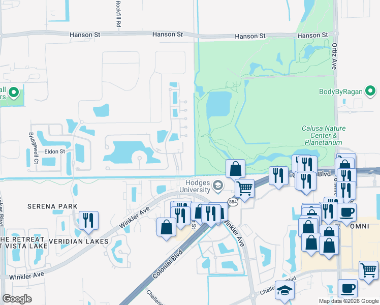 map of restaurants, bars, coffee shops, grocery stores, and more near 4517 Dalmahoy Court in Fort Myers