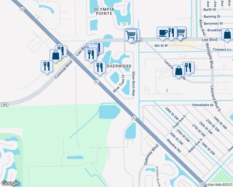 map of restaurants, bars, coffee shops, grocery stores, and more near 8340 Silver Birch Way in Lehigh Acres