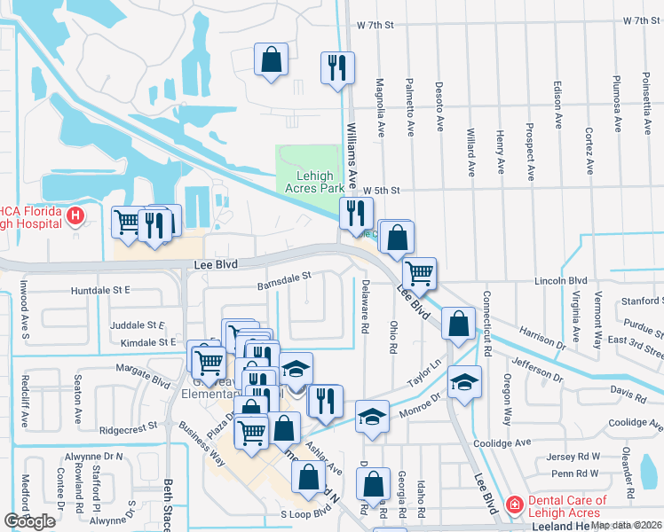 map of restaurants, bars, coffee shops, grocery stores, and more near in Lehigh Acres