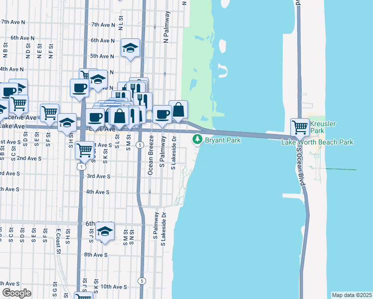 map of restaurants, bars, coffee shops, grocery stores, and more near 30 South Golfview Road in Lake Worth