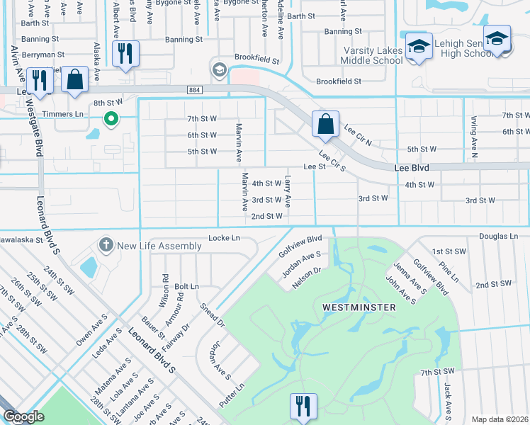 map of restaurants, bars, coffee shops, grocery stores, and more near 5208 2nd Street West in Lehigh Acres