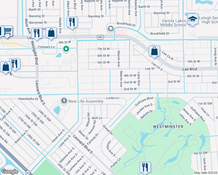 map of restaurants, bars, coffee shops, grocery stores, and more near 500 2nd Street West in Lehigh Acres