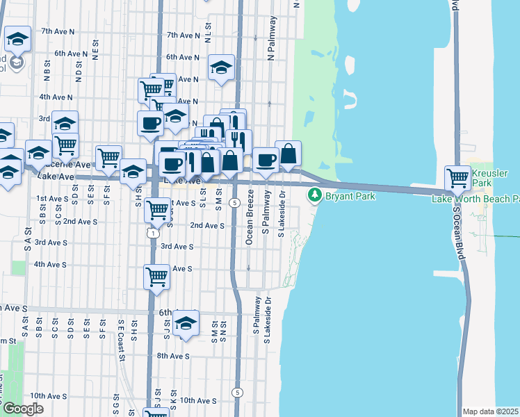 map of restaurants, bars, coffee shops, grocery stores, and more near 30 South Palmway in Lake Worth