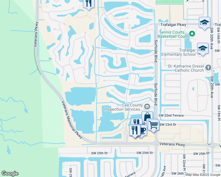 map of restaurants, bars, coffee shops, grocery stores, and more near 2664 Sunvale Court in Cape Coral