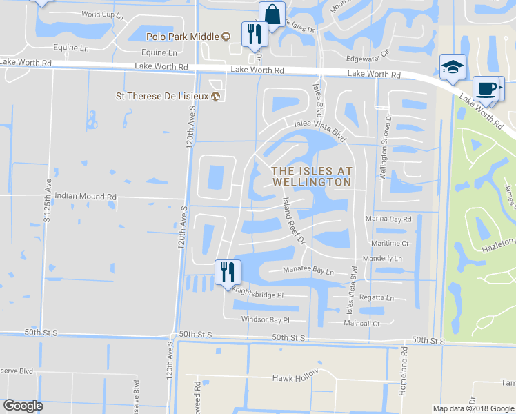map of restaurants, bars, coffee shops, grocery stores, and more near 11663 Sunrise View Lane in Wellington