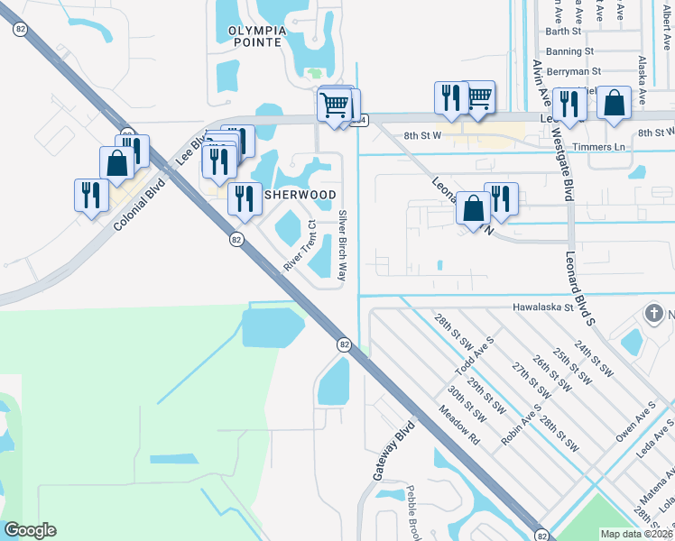 map of restaurants, bars, coffee shops, grocery stores, and more near 8241 Silver Birch Way in Lehigh Acres
